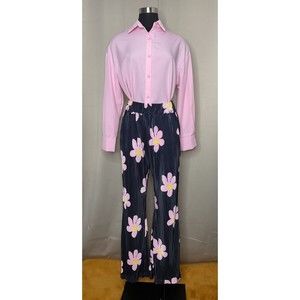 Women Pink Floral Flared Pleated High Waist Pants Co-Ord Set Medium to XL